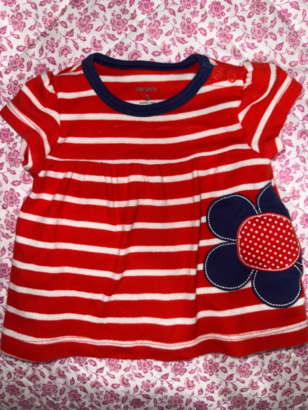 Carter's Red & White Striped Short Sleeve Top with Navy Flower 3M